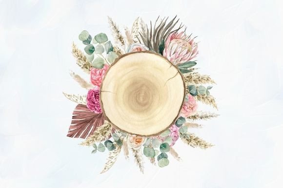 Boho Floral Wooden Slice Wedding Clipart for Creative Projects