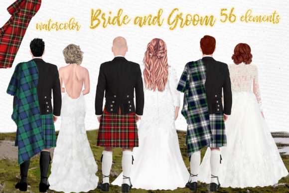Watercolor Wedding Clipart: Men in Kilts for Your Designs
